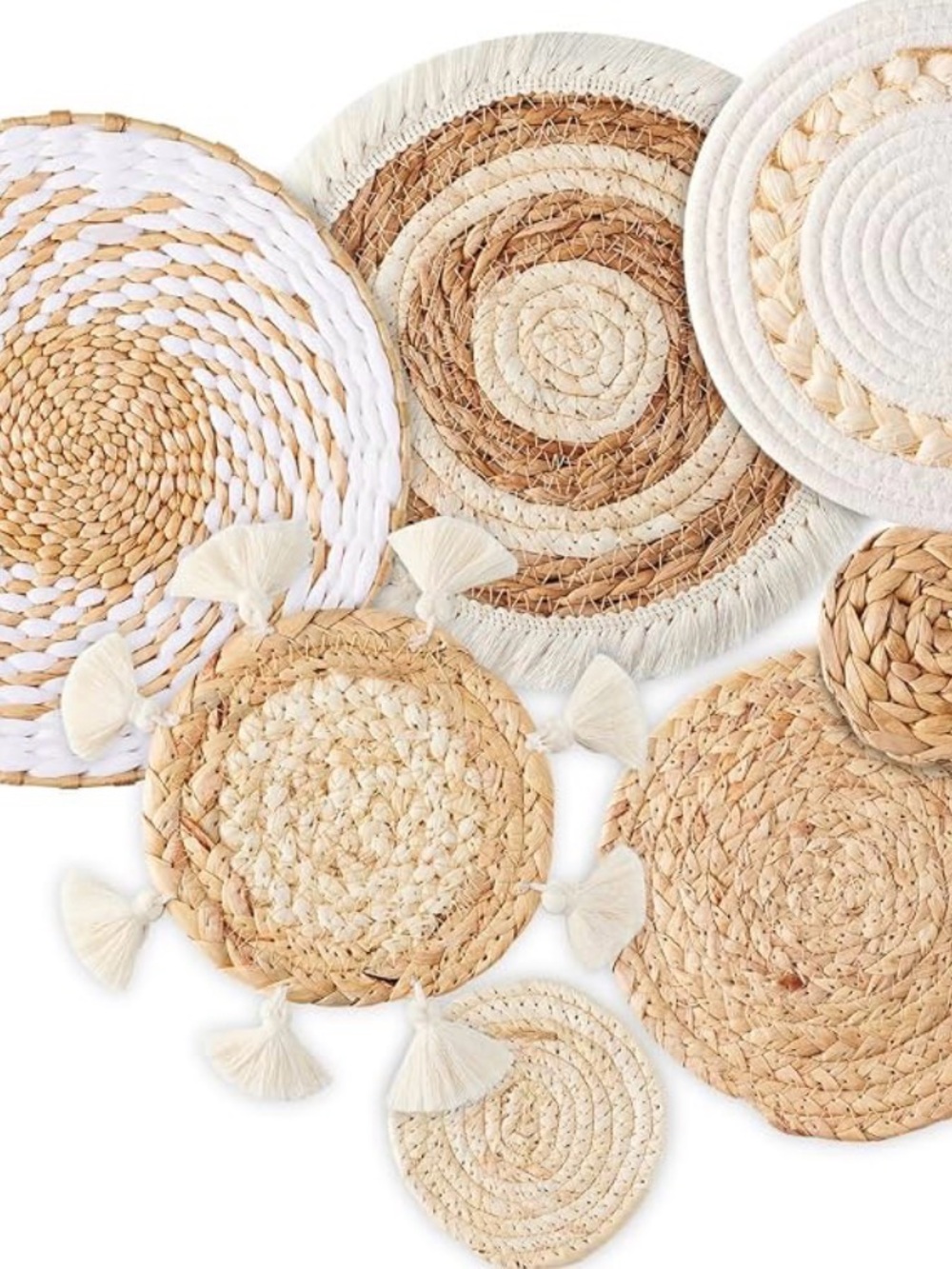 7 Neutral Braided Cotton & Seagrass Round wall hanging Set - Natural